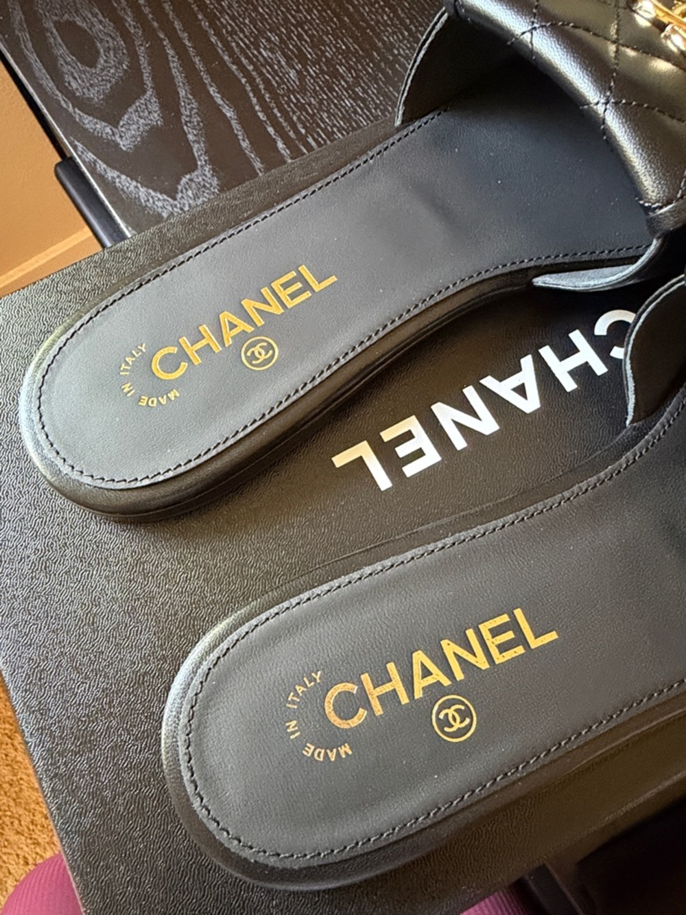 CHANEL Black Turn Lock Quilted Leather Slides - Picture 4 of 8